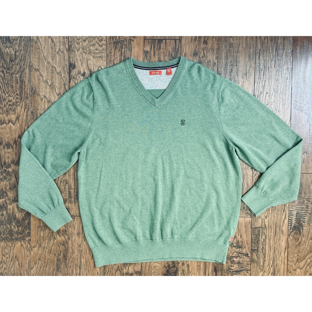 Izod Mens Kelly Green Heather V-Neck LS Pull On Sweater Large Preppy 100% Cotton